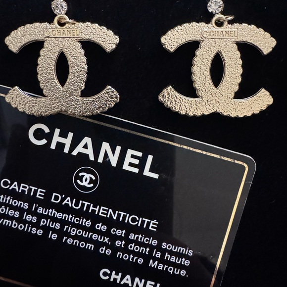 CHANEL Black and Gold Crystal Logo Earrings - Picture 3 of 3